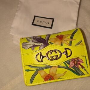 Gucci Yellow Floral Leather Card Holder with Gold Double G